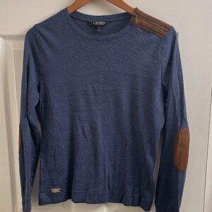 Ralph Lauren 100% Cotton Blue Long Sleeve Top with Faux Suede Detailing Size L